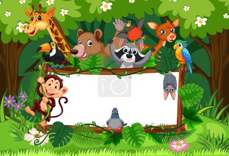 Téléchargez les illustrations : Illustration de dessins animés d'animaux dans une forêt tenant une bannière de tableau blanc - en licence libre de droit