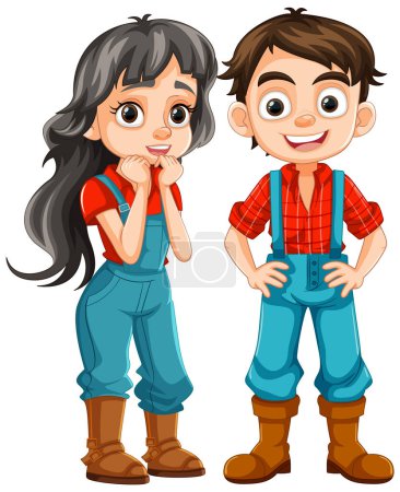 Ilustración de Linda pareja de granjeros vistiendo overoles Danim en una ilustración de dibujos animados - Imagen libre de derechos