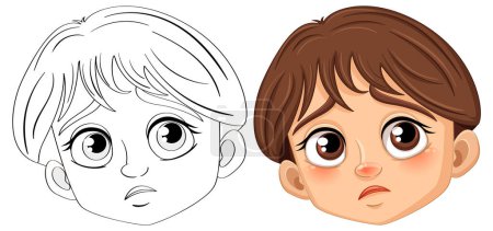 Téléchargez les illustrations : Une illustration vectorielle de dessin animé d'un garçon triste avec un contour de gribouillage, parfait pour la coloration - en licence libre de droit
