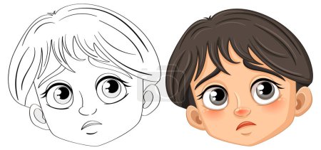 Téléchargez les illustrations : Illustration vectorielle de dessin animé d'un garçon triste avec un contour de gribouillage, parfait pour la coloration - en licence libre de droit