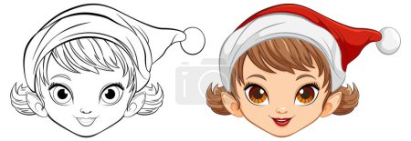 Illustration for A delightful cartoon illustration of a girl wearing a Christmas hat - Royalty Free Image