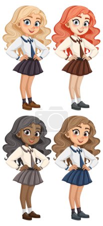 Illustration for A charming teenage girl with long hair wearing a school uniform, standing and smiling - Royalty Free Image