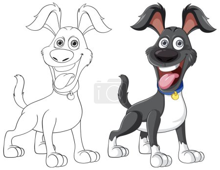 Illustration for A vibrant cartoon illustration of an enthusiastic dog with a corresponding doodle outline for coloring activities - Royalty Free Image
