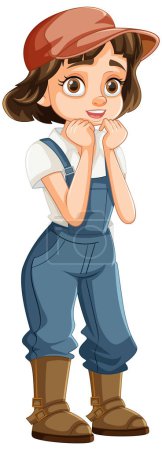 Illustration for A shy girl with short hair and a cap, dressed in denim overalls - Royalty Free Image