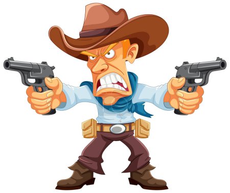 Téléchargez les illustrations : Un cow-boy en colère tenant une arme dans une illustration vectorielle de dessin animé - en licence libre de droit