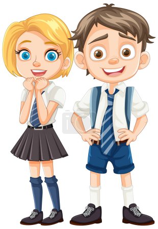Illustration for Vector cartoon illustration of two students, a boy and a girl, wearing school uniforms - Royalty Free Image