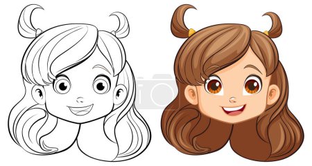 Illustration for A vibrant and joyful cartoon illustration of a girl's head with a doodle outline, perfect for coloring pages - Royalty Free Image