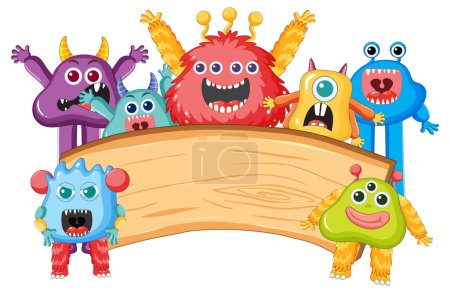 Illustration for Colorful cartoon aliens posing next to a wooden frame board template - Royalty Free Image