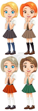 Téléchargez les illustrations : Personnages vectoriels de dessin animé de quatre filles en uniforme scolaire avec différentes coiffures - en licence libre de droit