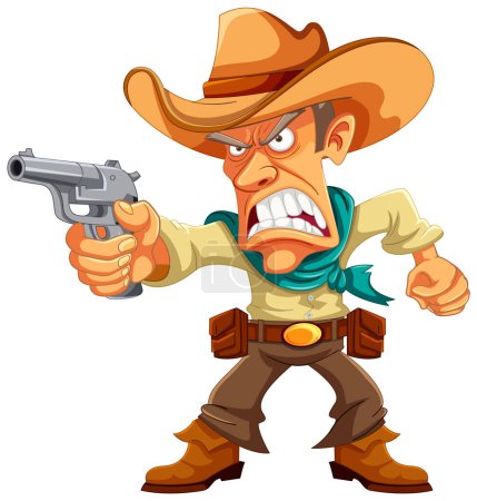 Téléchargez les illustrations : Un cow-boy en colère portant un chapeau, tenant une arme dans une illustration vectorielle de dessin animé - en licence libre de droit