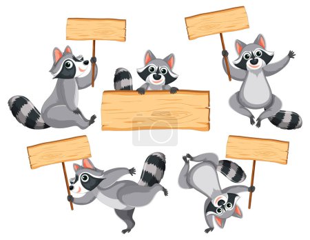 Illustration for Vector cartoon illustration of a raccoon holding a wooden sign banner - Royalty Free Image