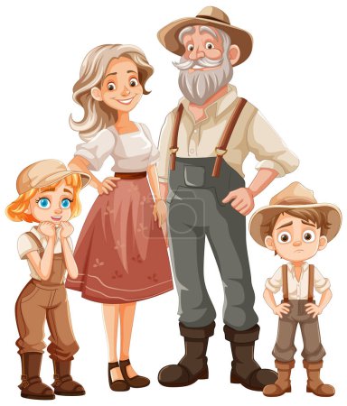 Ilustración de Una familia alegre de agricultores representados en un estilo de dibujos animados vectoriales - Imagen libre de derechos