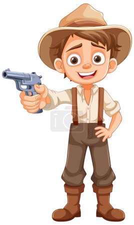 Illustration for A vector cartoon illustration of a young boy dressed as a country farmer, holding a gun - Royalty Free Image