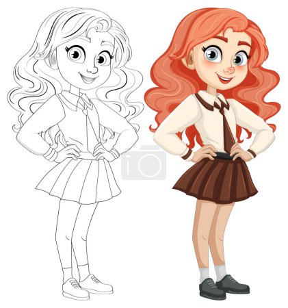 Téléchargez les illustrations : Belle étudiante aux cheveux roux et uniforme souriant dans le contour de doodle - en licence libre de droit
