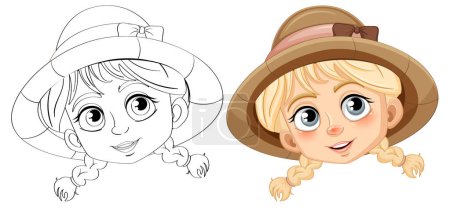 Téléchargez les illustrations : Une fille heureuse avec des tresses portant un chapeau dans un style de dessin animé mignon - en licence libre de droit