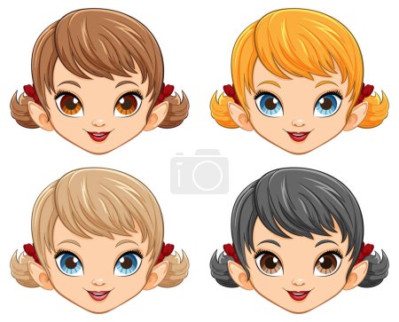 Illustration for A collection of adorable cartoon girl heads in vector style - Royalty Free Image