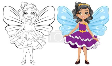 Illustration for A cute fairy princess girl in a party dress for coloring - Royalty Free Image