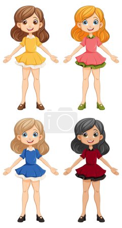 Illustration for A group of four happy girls in a cartoon illustration - Royalty Free Image