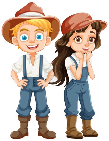 Ilustración de Linda pareja de agricultores con gorras y overoles de mezclilla en una ilustración de dibujos animados - Imagen libre de derechos