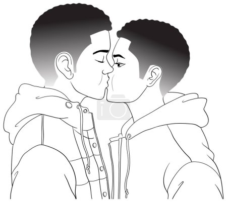 Téléchargez les illustrations : Gay couple dessin animé baisers doodle illustration - en licence libre de droit