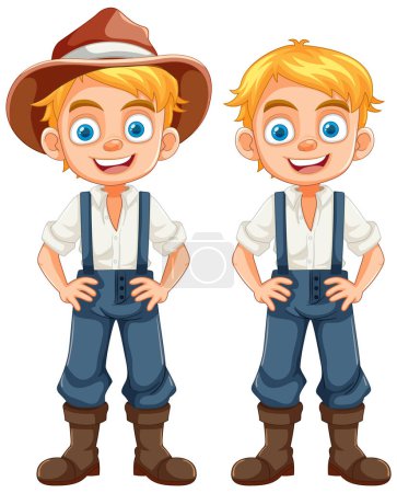 Téléchargez les illustrations : Garçons heureux portant des salopettes de fermier et souriant avec ou sans chapeaux - en licence libre de droit