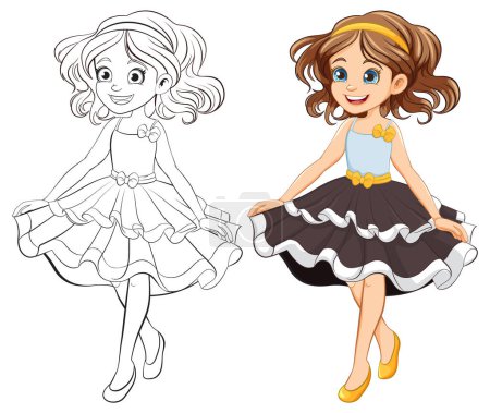 Téléchargez les illustrations : Un personnage vectoriel de dessin animé d'une fille dans une robe de princesse, parfait pour la coloration - en licence libre de droit