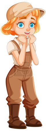 Illustration for A shy farmer girl with short hair, wearing a cap and brown overalls - Royalty Free Image