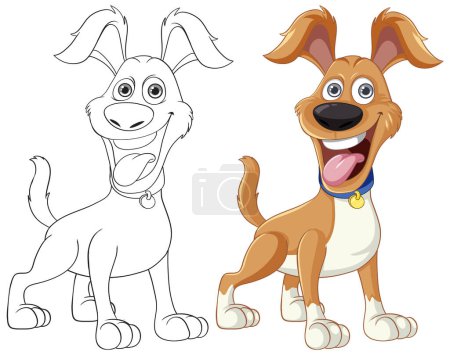 Illustration for A vibrant cartoon illustration of an enthusiastic dog with a corresponding doodle outline for coloring - Royalty Free Image