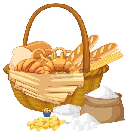 Illustration for An adorable vector illustration of various carb-based products in a wooden basket - Royalty Free Image