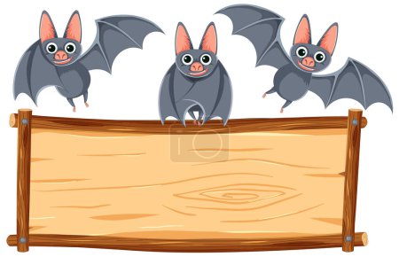 Illustration for Vector cartoon illustration of bats perched on a wooden board frame - Royalty Free Image
