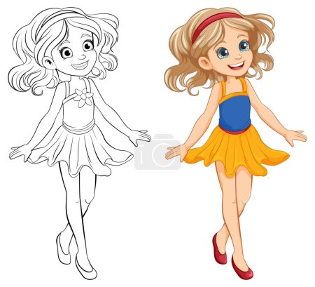 Ilustración de Adorable chica de dibujos animados con un mini vestido de cóctel - Imagen libre de derechos