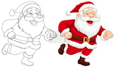 Téléchargez les illustrations : Caractère de dessin animé énergique du Père Noël fonctionnant avec contour pour les pages à colorier - en licence libre de droit