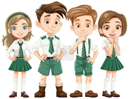 Téléchargez les illustrations : Un groupe d'étudiants, garçons et filles, portant des uniformes dans une illustration de dessin animé - en licence libre de droit