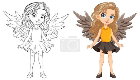 Illustration for A stunning cartoon character with wings and a doodle outline for coloring pages - Royalty Free Image