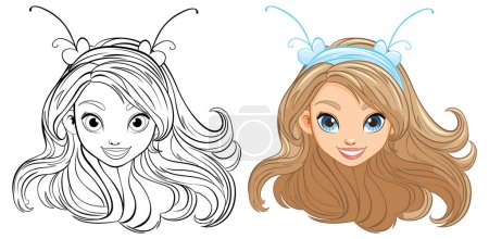 Illustration for Vector cartoon illustration of a beautiful woman with long hair wearing fancy hair decor - Royalty Free Image