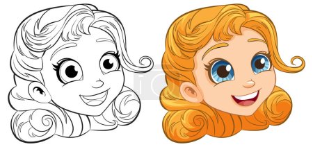 Illustration for Vector cartoon illustration of a happy girl's head with an outline for coloring - Royalty Free Image