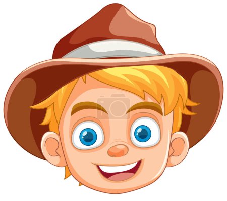 Ilustración de Un niño alegre con un sombrero de vaquero granjero con una gran sonrisa - Imagen libre de derechos