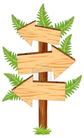 Illustration for Vector cartoon illustration of fern plants around a wooden sign - Royalty Free Image