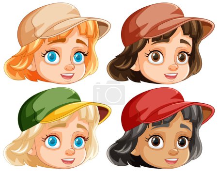 Téléchargez les illustrations : Quatre filles avec des casquettes, souriant dans un style de dessin animé vectoriel - en licence libre de droit