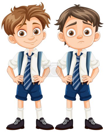 Ilustración de Un grupo de chicos en uniforme escolar, algunos felices y otros tristes, representados en un estilo de ilustración de dibujos animados - Imagen libre de derechos