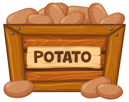 Téléchargez les illustrations : Illustration de pommes de terre dans une boîte en bois avec bannière - en licence libre de droit