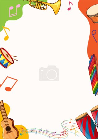 Téléchargez les illustrations : Illustration vectorielle de dessin animé de gabarit de bordure d'instruments de musique imprimables - en licence libre de droit