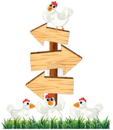 Ilustración de Caricatura pollo de pie cerca de letrero de madera con flecha - Imagen libre de derechos