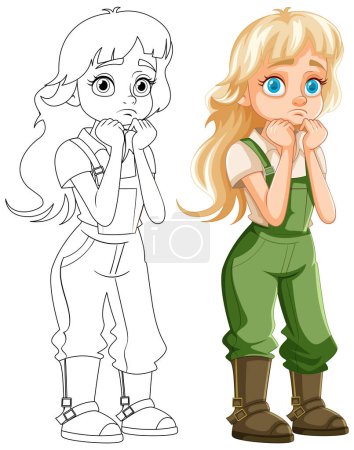 Illustration for A doodle outline of a farmer girl with a bored expression, ready for coloring - Royalty Free Image