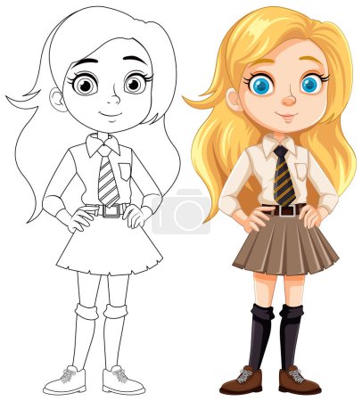Illustration for A cheerful teenage girl wearing a school uniform and sporting long, blonde hair - Royalty Free Image