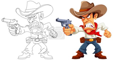 Téléchargez les illustrations : Un cow-boy furieux avec une arme, portant un chapeau, dans une illustration de dessin animé - en licence libre de droit