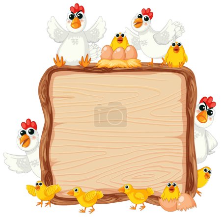 Illustration for Vector cartoon illustration of hen, eggs, and chick on wooden board frame - Royalty Free Image