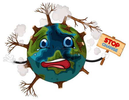 Illustration for Illustration of a tearful Earth holding a banner to raise awareness about stopping climate change - Royalty Free Image