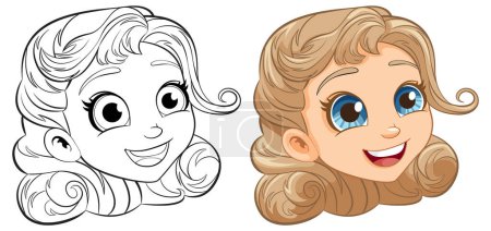 Téléchargez les illustrations : Une joyeuse tête de fille de dessin animé avec un contour pour la coloration - en licence libre de droit