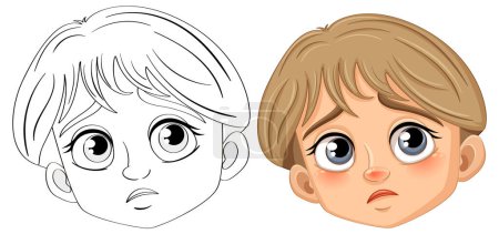 Téléchargez les illustrations : Une illustration vectorielle de dessin animé d'un garçon triste avec un contour de gribouillage, parfait pour la coloration - en licence libre de droit